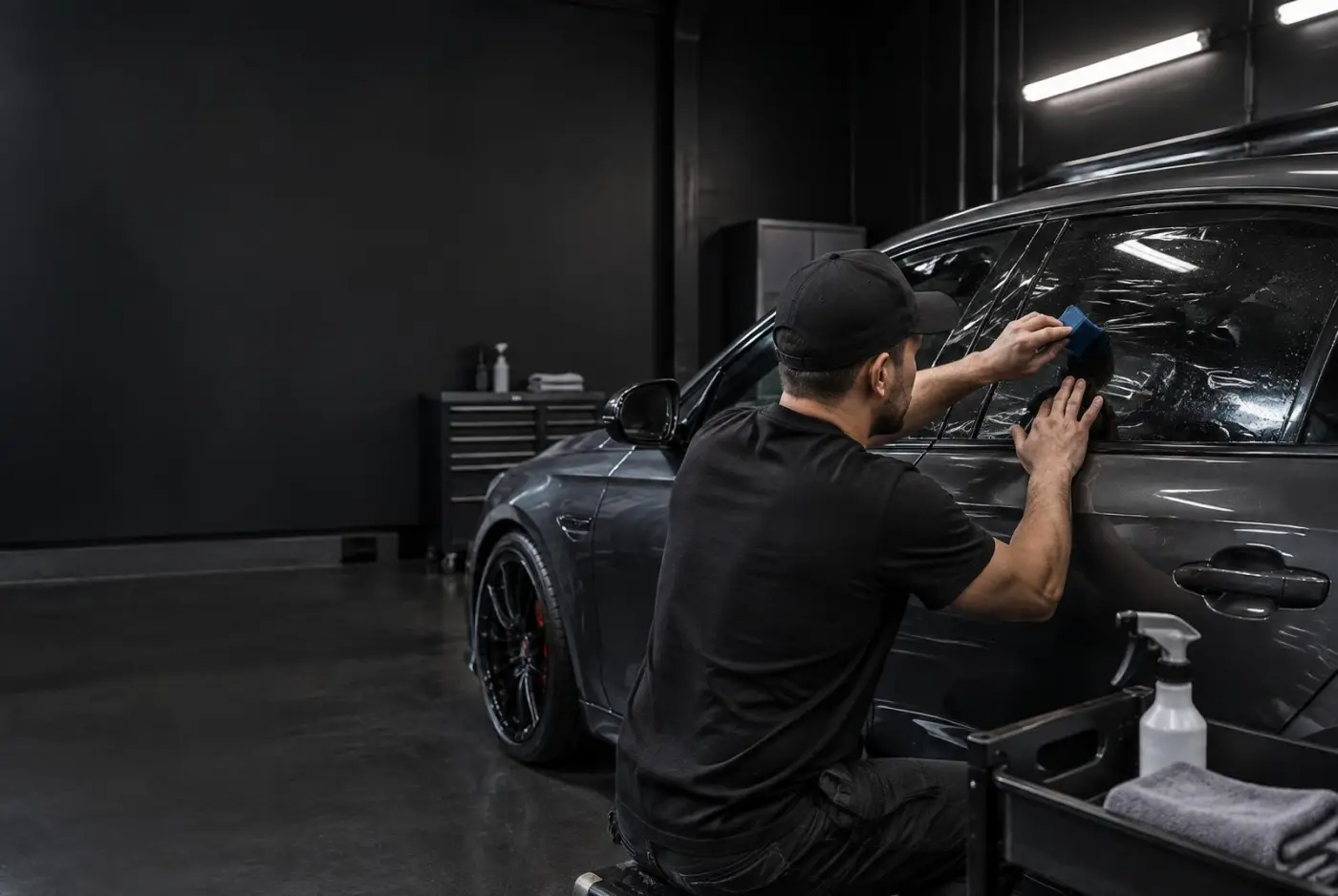 Brotherly Tint installer applying window film